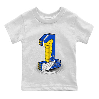Jordan 1 Game Royal Varsity Maize Sneaker Match Tees Number Statue Sneaker Tees Jordan 1 Game Royal Varsity Maize Sneaker Release Tees Kids Shirts
