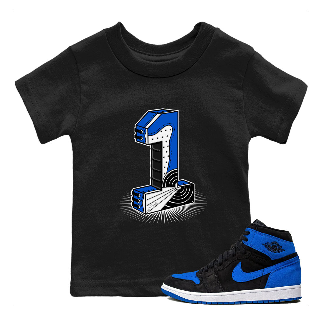 1s Royal Reimagined shirt to match jordans Number Statue sneaker tees Jordan 1 High OG Royal Reimagined SNRT Sneaker Tees Youth Kid's Baby Shirt Black 1 T-Shirt