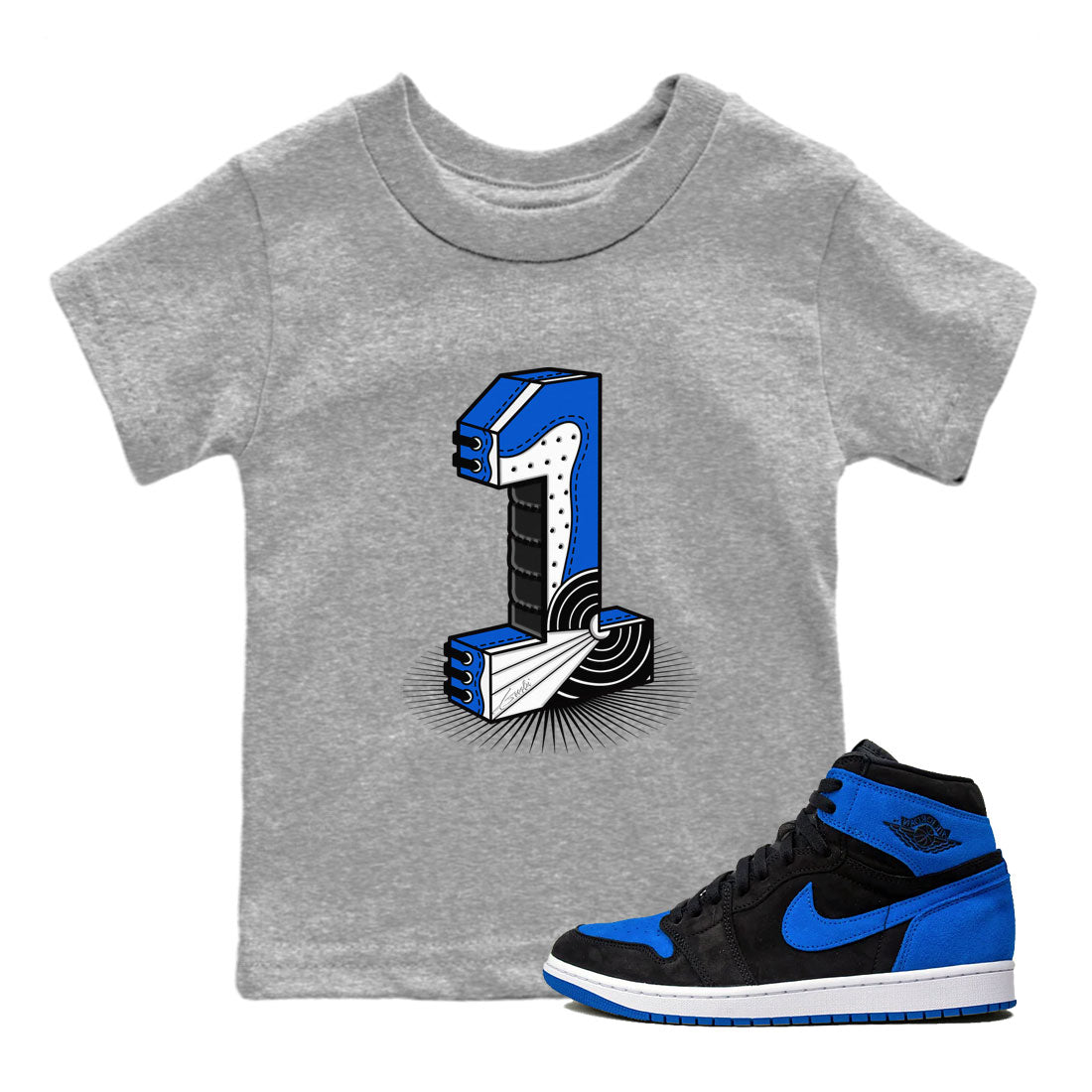 1s Royal Reimagined shirt to match jordans Number Statue sneaker tees Jordan 1 High OG Royal Reimagined SNRT Sneaker Tees Youth Kid's Baby Shirt Heather Grey 1 T-Shirt