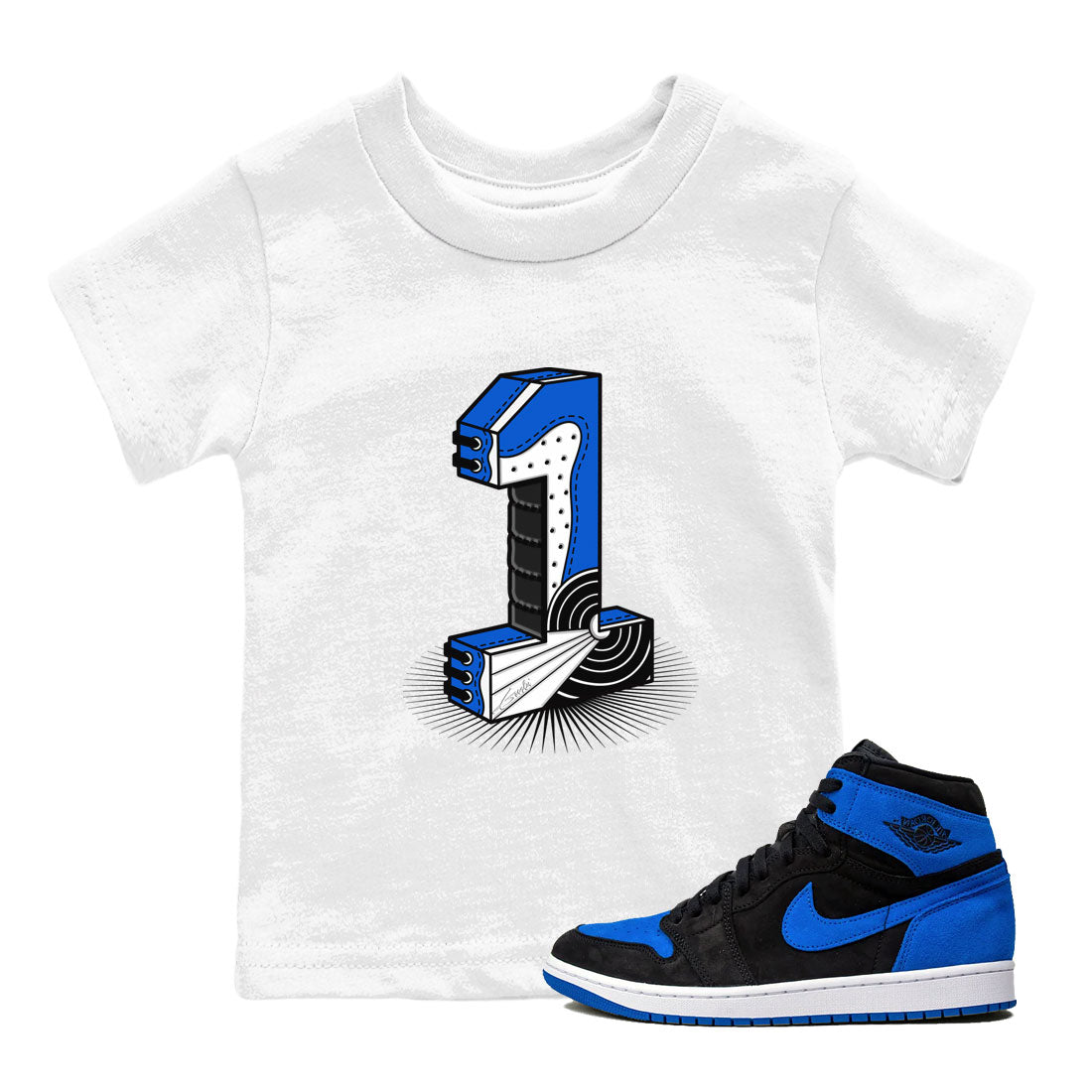 1s Royal Reimagined shirt to match jordans Number Statue sneaker tees Jordan 1 High OG Royal Reimagined SNRT Sneaker Tees Youth Kid's Baby Shirt White 1 T-Shirt