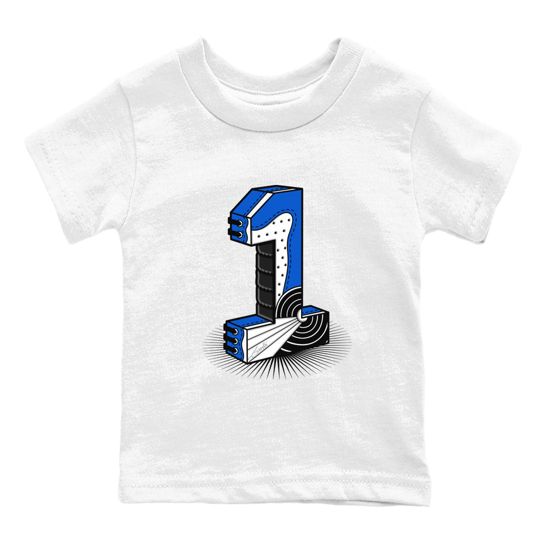 1s Royal Reimagined shirt to match jordans Number Statue sneaker tees Jordan 1 High OG Royal Reimagined SNRT Sneaker Tees Youth Kid's Baby Shirt White 2 T-Shirt