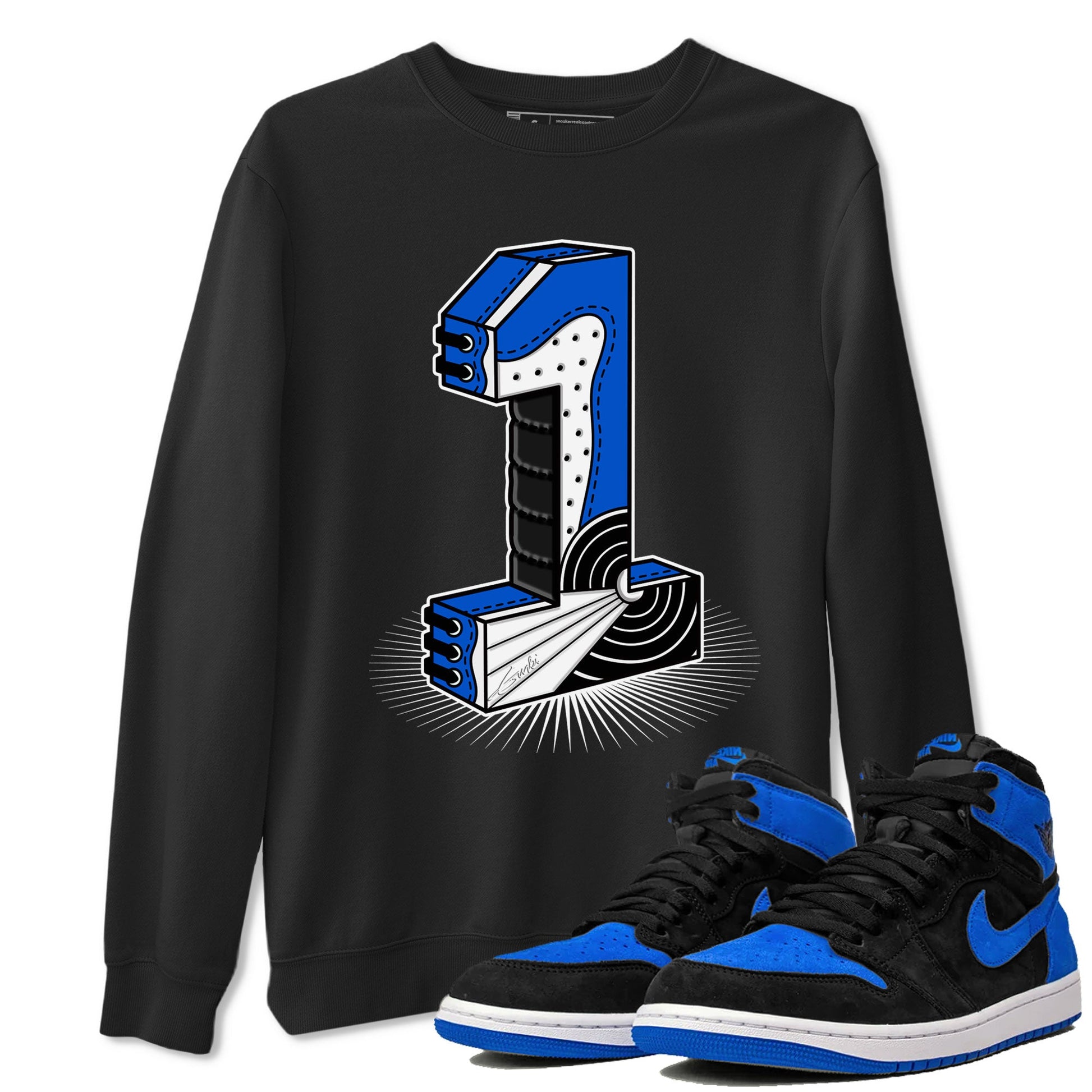 1s Royal Reimagined shirt to match jordans Number Statue sneaker tees Jordan 1 High OG Royal Reimagined SNRT Sneaker Release Tees Cotton Sneaker Tee Black 1 T-Shirt