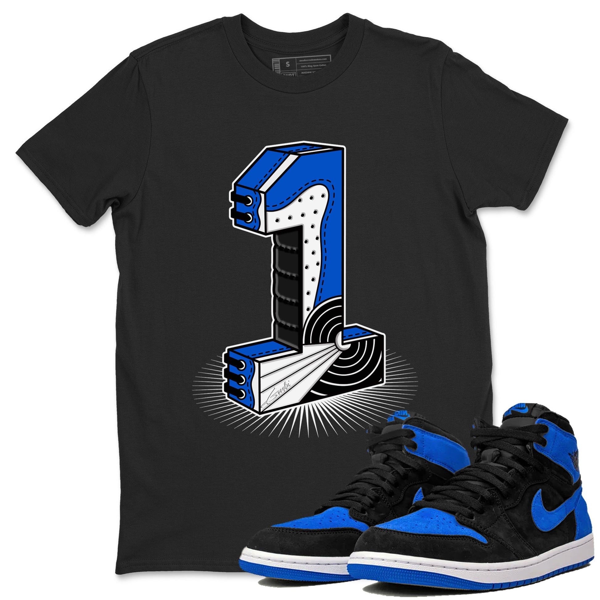 1s Royal Reimagined shirt to match jordans Number Statue sneaker tees Jordan 1 High OG Royal Reimagined SNRT Sneaker Release Tees Cotton Sneaker Tee Black 1 T-Shirt