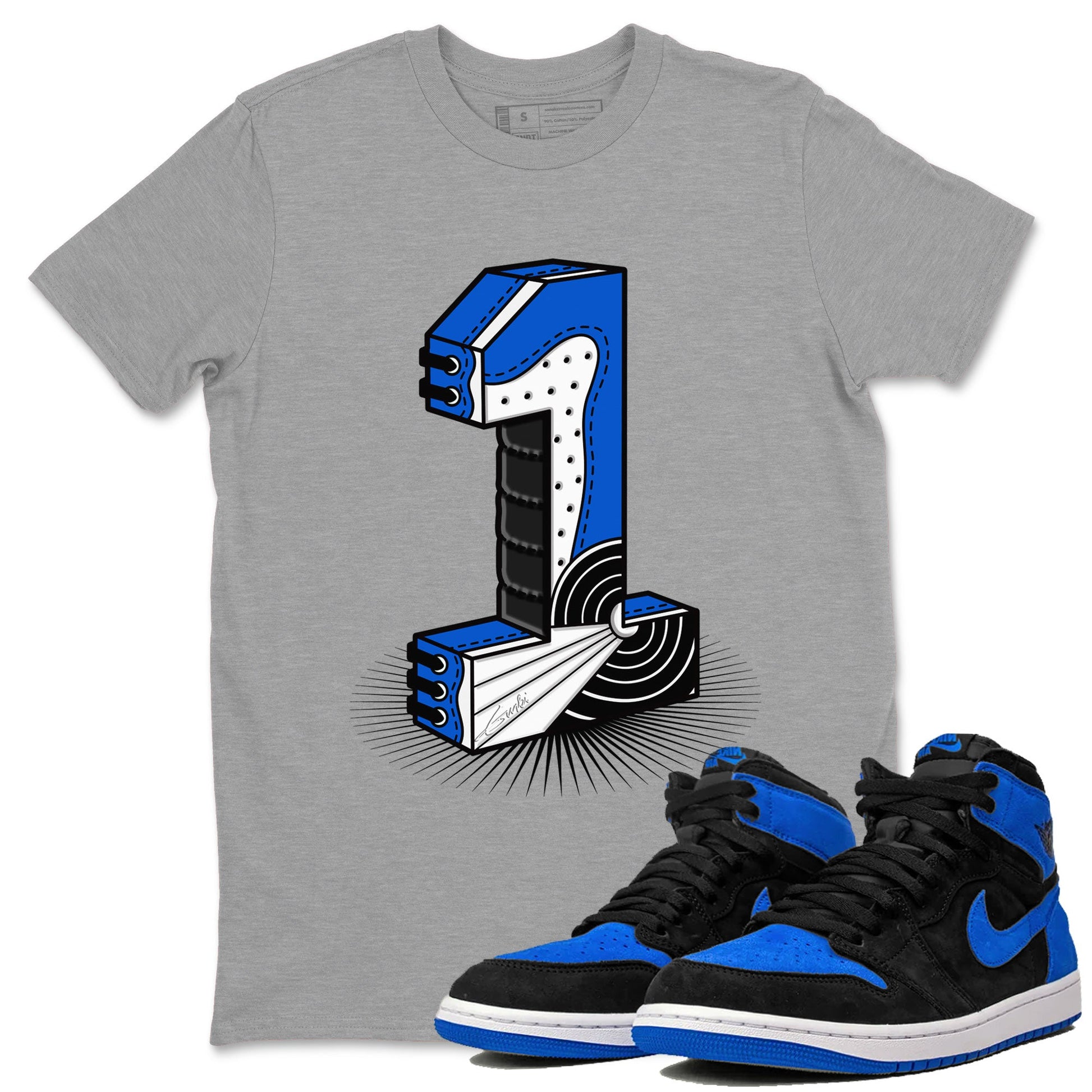 1s Royal Reimagined shirt to match jordans Number Statue sneaker tees Jordan 1 High OG Royal Reimagined SNRT Sneaker Release Tees Cotton Sneaker Tee Heather Grey 1 T-Shirt