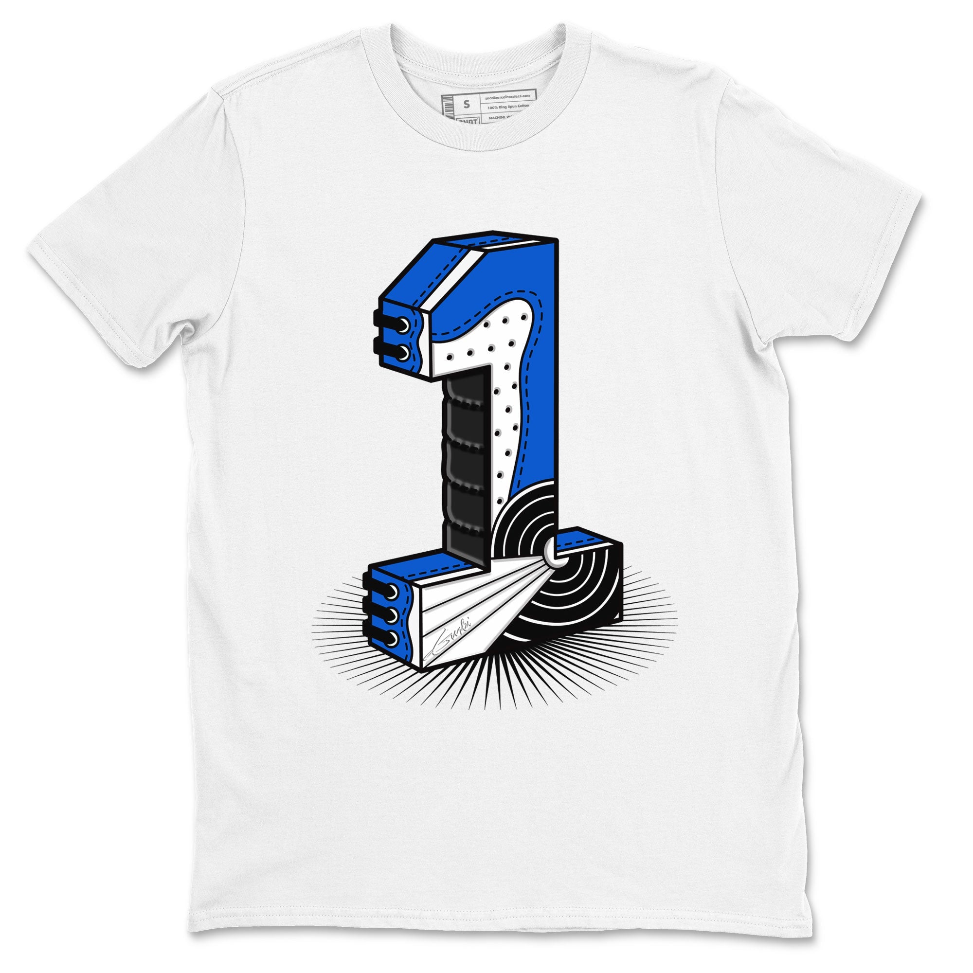 1s Royal Reimagined shirt to match jordans Number Statue sneaker tees Jordan 1 High OG Royal Reimagined SNRT Sneaker Release Tees Cotton Sneaker Tee White 2 T-Shirt