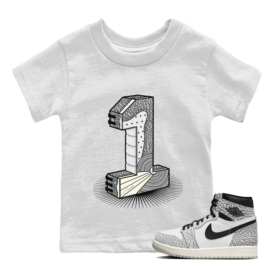 Jordan 1 White Cement Sneaker Match Tees Number Statue Sneaker Tees Jordan 1 White Cement Sneaker Release Tees Kids Shirts