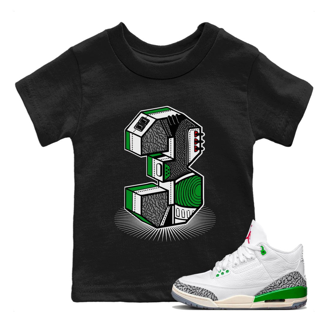 Air Jordan 3 Lucky Green Sneaker Match Tees Number Statue Sneaker Tees Jordan 3 Retro Lucky Green Sneaker Release Tees Kids Shirts Black 1