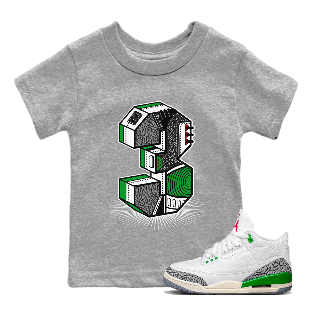 Air Jordan 3 Lucky Green Sneaker Match Tees Number Statue Sneaker Tees Jordan 3 Retro Lucky Green Sneaker Release Tees Kids Shirts Heather Grey 1