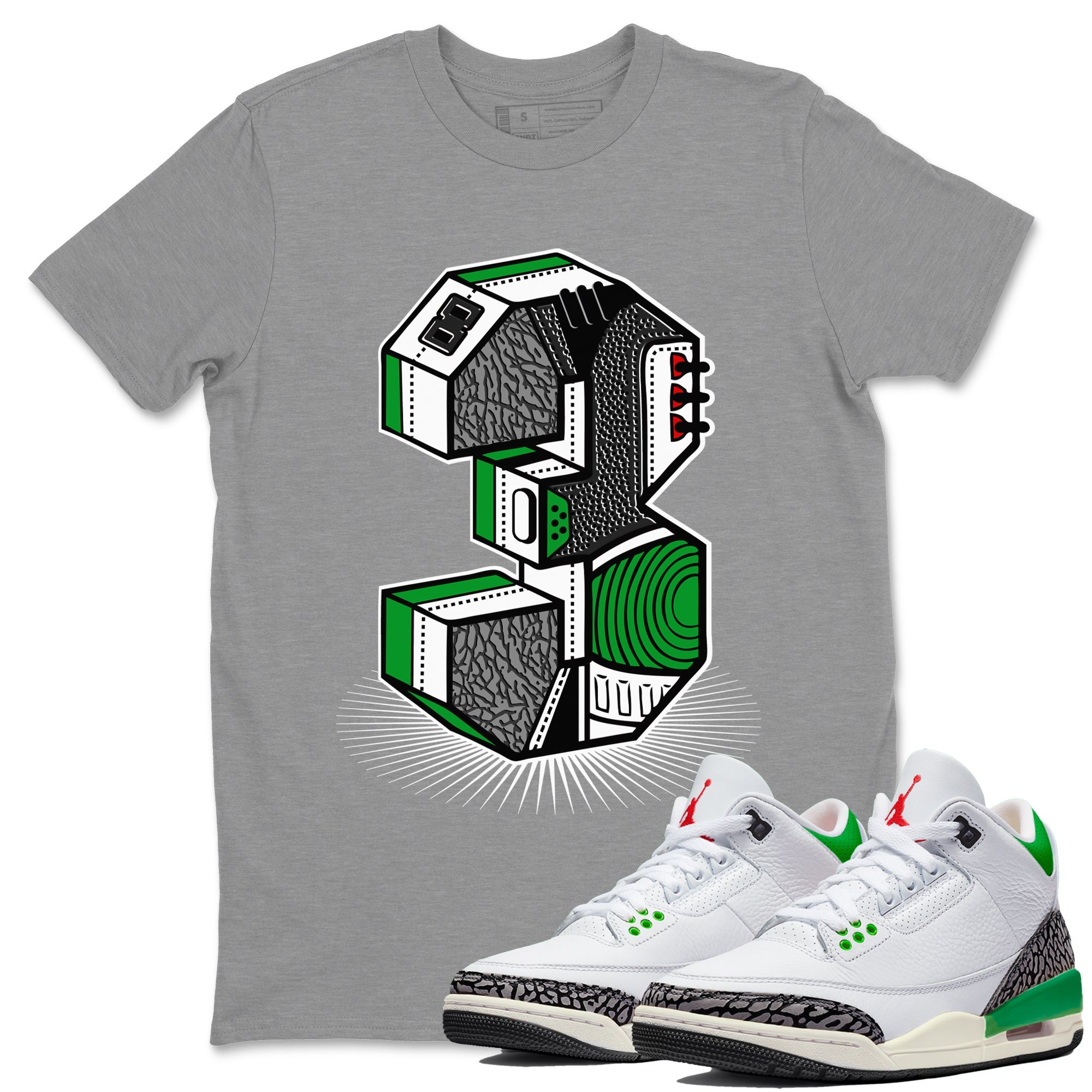 Air Jordan 3 Lucky Green Sneaker Match Tees Number Statue Sneaker Tees Jordan 3 Retro Lucky Green Sneaker Release Tees Unisex Shirts Heather Grey 1