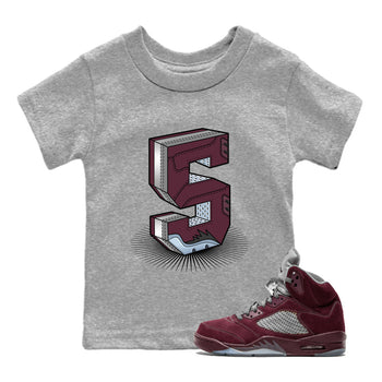 Air Jordan 5 Burgundy Sneaker Match Tees Number Statue Sneaker Tees AJ5 Burgundy Sneaker Release Tees Kids Shirts Heather Grey 1