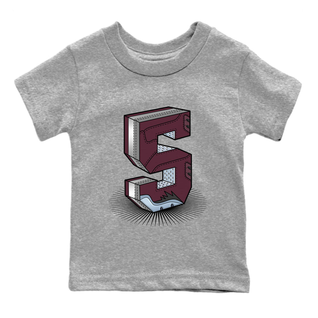 Air Jordan 5 Burgundy Sneaker Match Tees Number Statue Sneaker Tees AJ5 Burgundy Sneaker Release Tees Kids Shirts Heather Grey 2