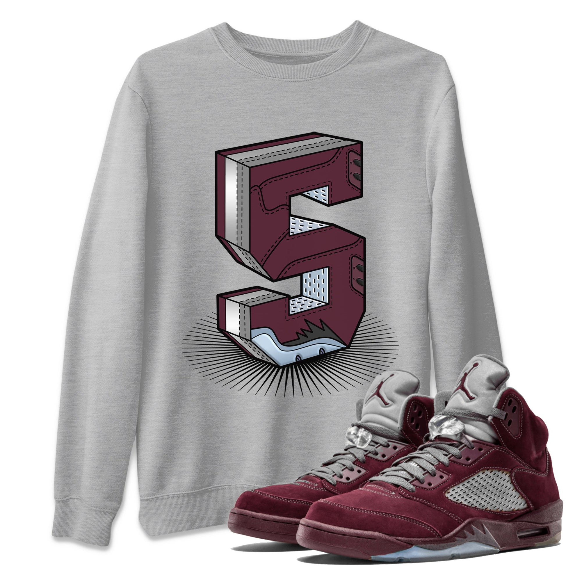 Air Jordan 5 Burgundy Sneaker Match Tees Number Statue Sneaker Tees AJ5 Burgundy Sneaker Release Tees Unisex Shirts Heather Grey 1