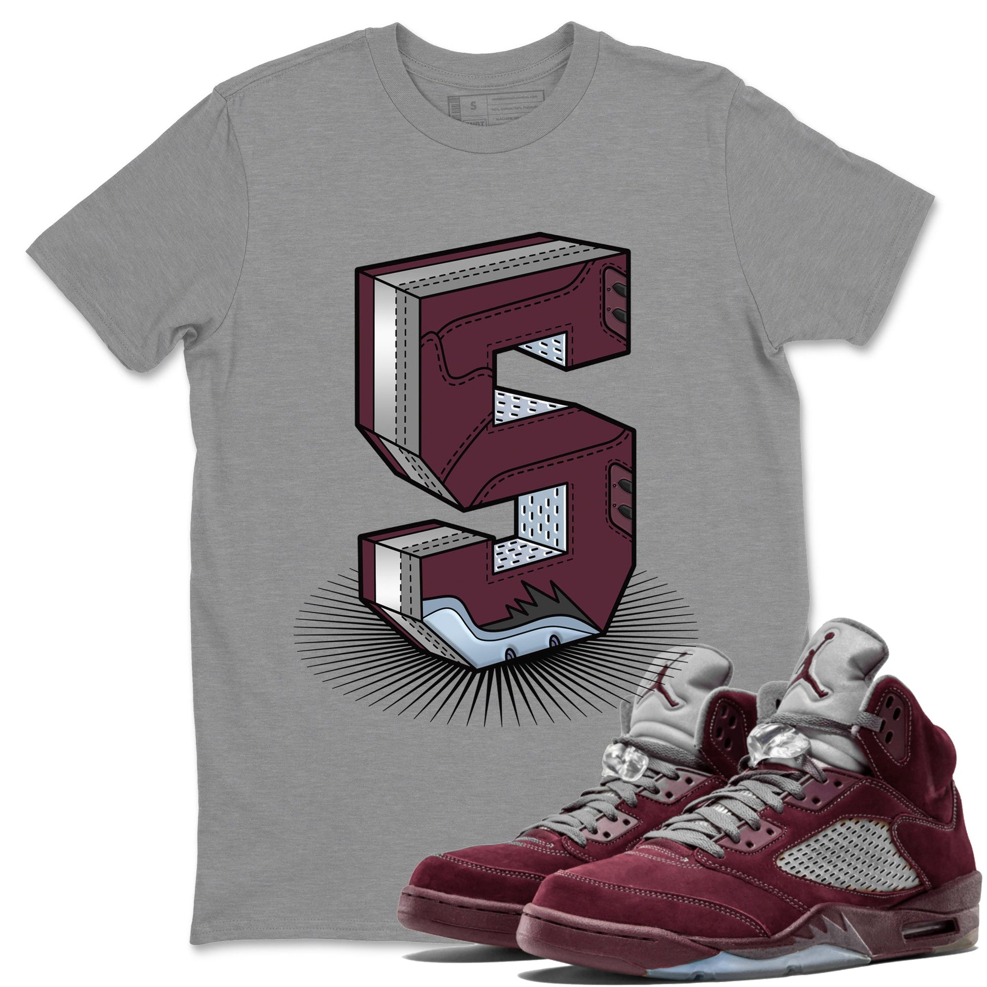 Air Jordan 5 Burgundy Sneaker Match Tees Number Statue Sneaker Tees AJ5 Burgundy Sneaker Release Tees Unisex Shirts Heather Grey 1
