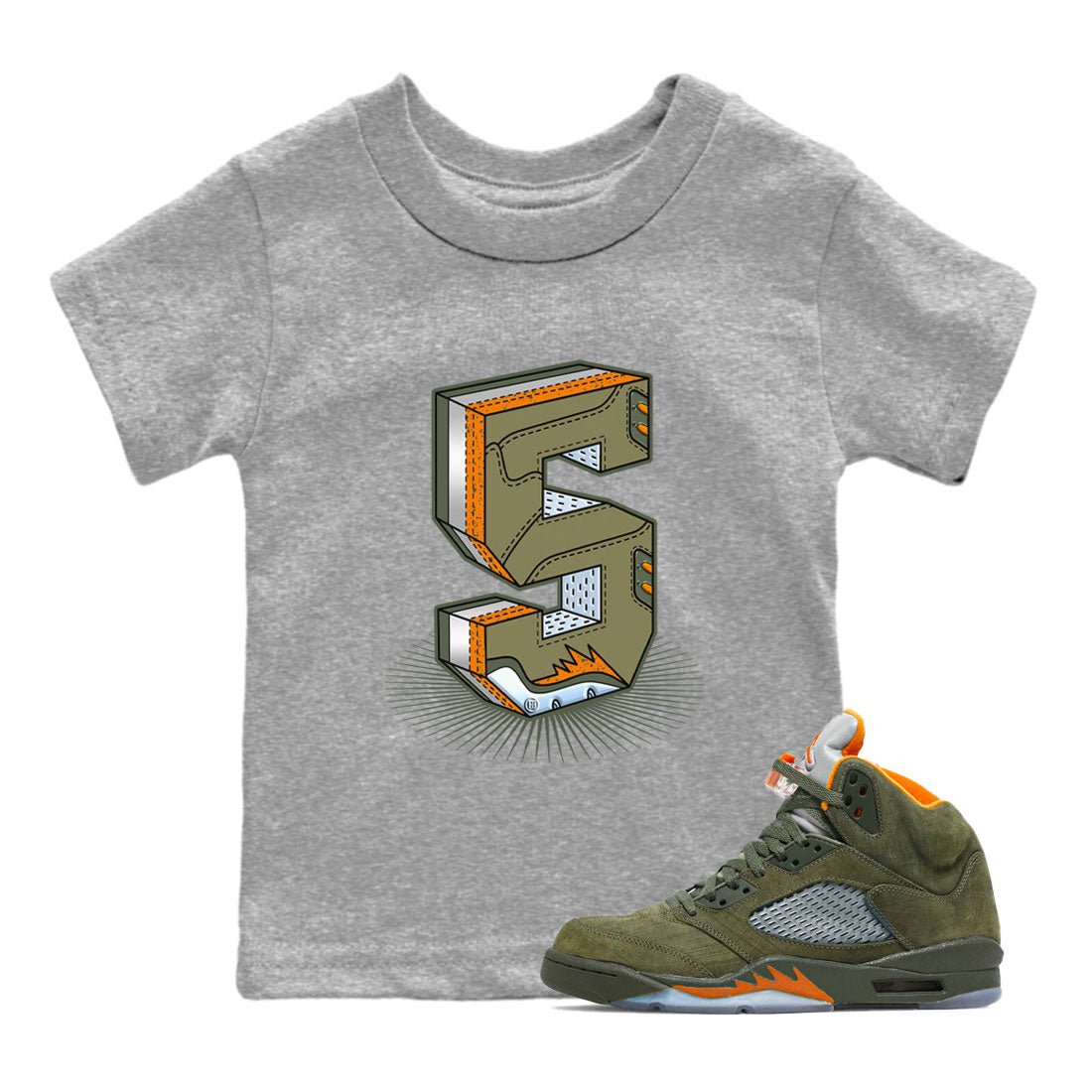 5s Olive shirt to match jordans Number Statue sneaker tees Air Jordan 5 Olive SNRT sneaker release tees baby toddler Heather Grey 1 cotton Shirt