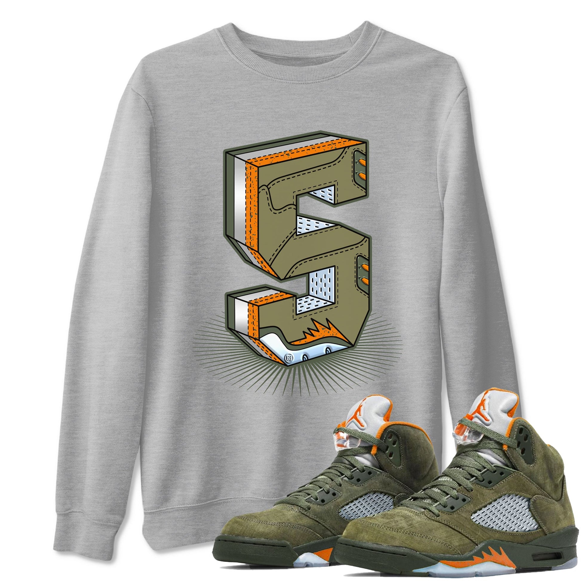 5s Olive shirt to match jordans Number Statue sneaker tees Air Jordan 5 Retro Olive SNRT Sneaker Release Tees unisex cotton Heather Grey 1 crew neck shirt