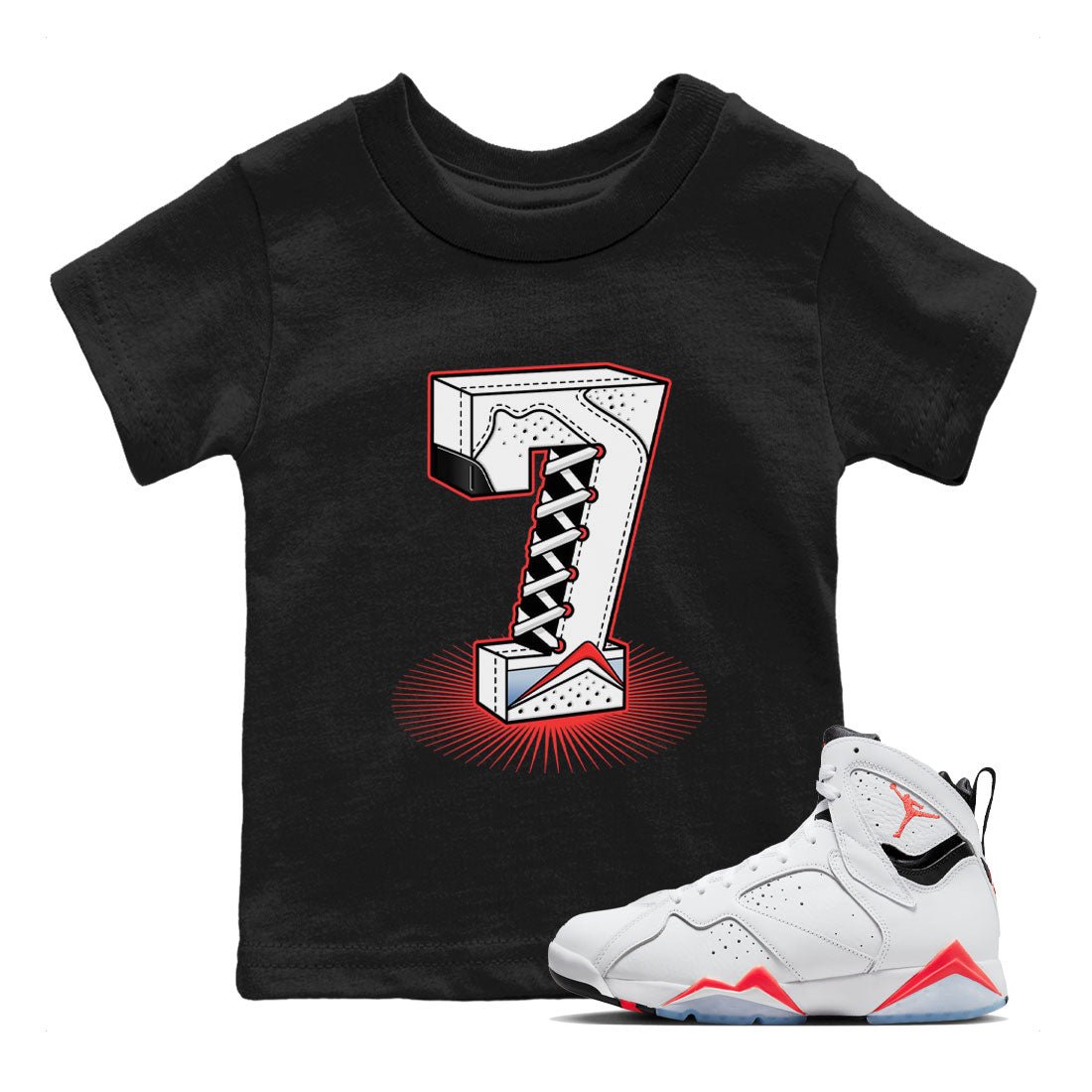 Air Jordan 7 White Infrared Sneaker Match Tees Number Statue Sneaker Tees 7s White Infrared SNRT Sneaker Release Tees Kids Shirts Black 1