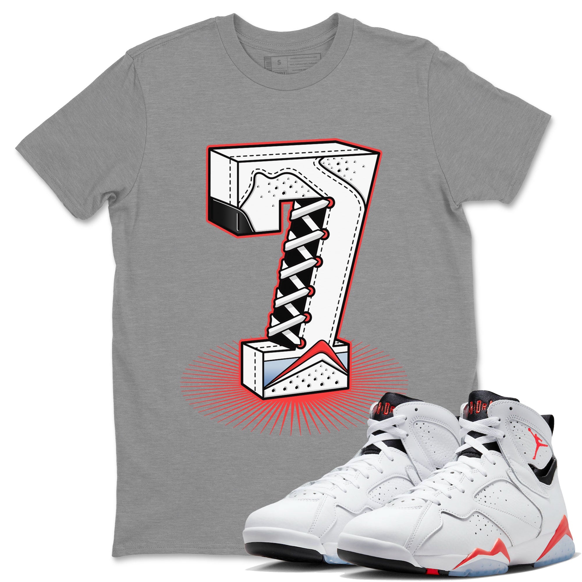 Air Jordan 7 White Infrared Sneaker Match Tees Number Statue Sneaker Tees 7s White Infrared SNRT Sneaker Release Tees Unisex Shirts Heather Grey 1