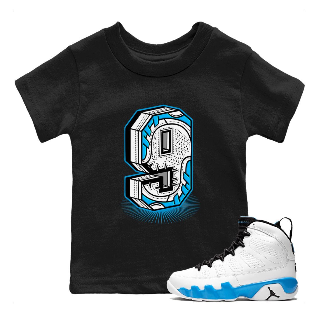 AJ9 Powder Blue shirt to match jordans Number Statue sneaker tees Air Jordan 9 Powder Blue SNRT sneaker release tees baby toddler Black 1 cotton Shirt