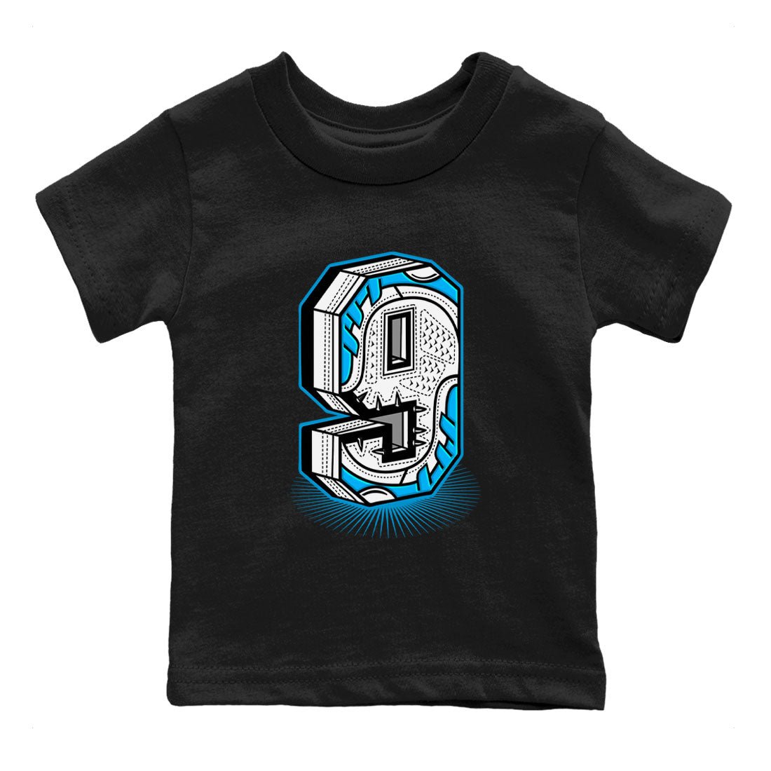 AJ9 Powder Blue shirt to match jordans Number Statue sneaker tees Air Jordan 9 Powder Blue SNRT sneaker release tees baby toddler Black 2 cotton Shirt