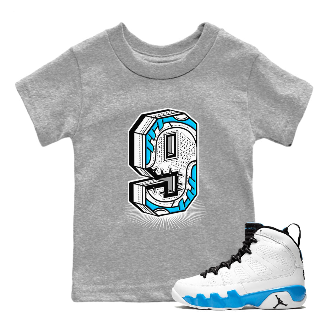 AJ9 Powder Blue shirt to match jordans Number Statue sneaker tees Air Jordan 9 Powder Blue SNRT sneaker release tees baby toddler Heather Grey 1 cotton Shirt