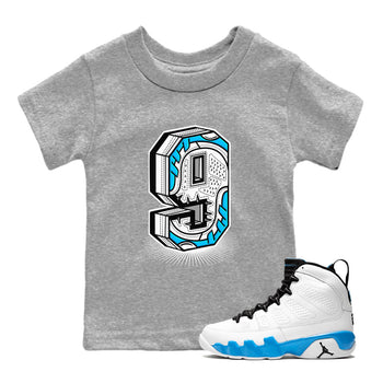 AJ9 Powder Blue shirt to match jordans Number Statue sneaker tees Air Jordan 9 Powder Blue SNRT sneaker release tees baby toddler Heather Grey 1 cotton Shirt