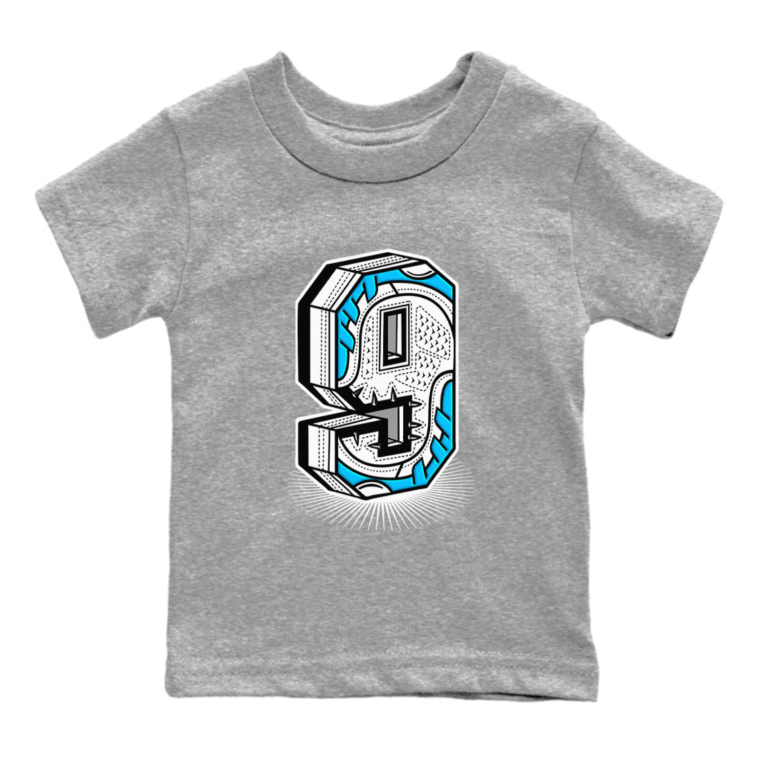 AJ9 Powder Blue shirt to match jordans Number Statue sneaker tees Air Jordan 9 Powder Blue SNRT sneaker release tees baby toddler Heather Grey 2 cotton Shirt