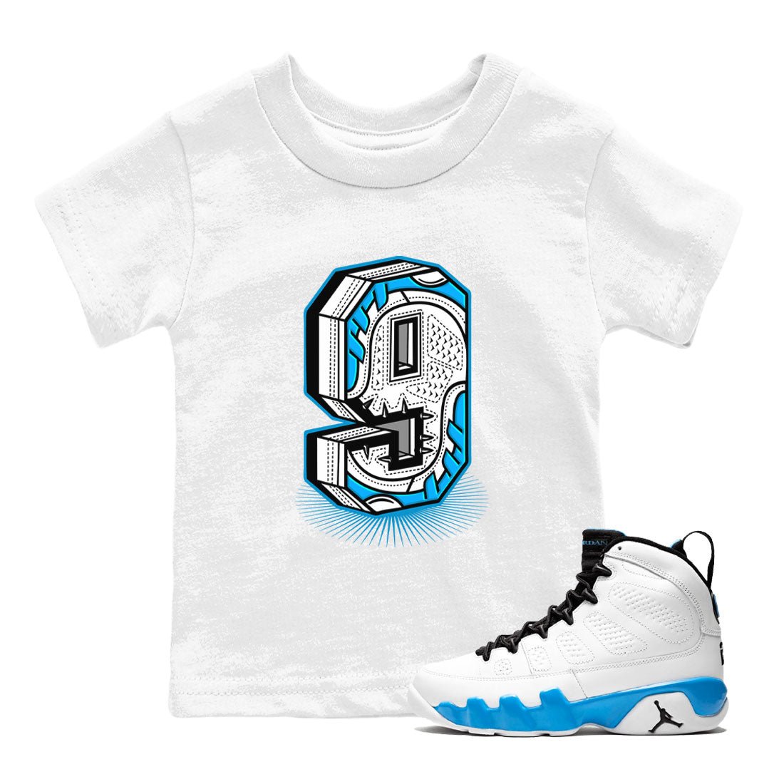 AJ9 Powder Blue shirt to match jordans Number Statue sneaker tees Air Jordan 9 Powder Blue SNRT sneaker release tees baby toddler White 1 cotton Shirt
