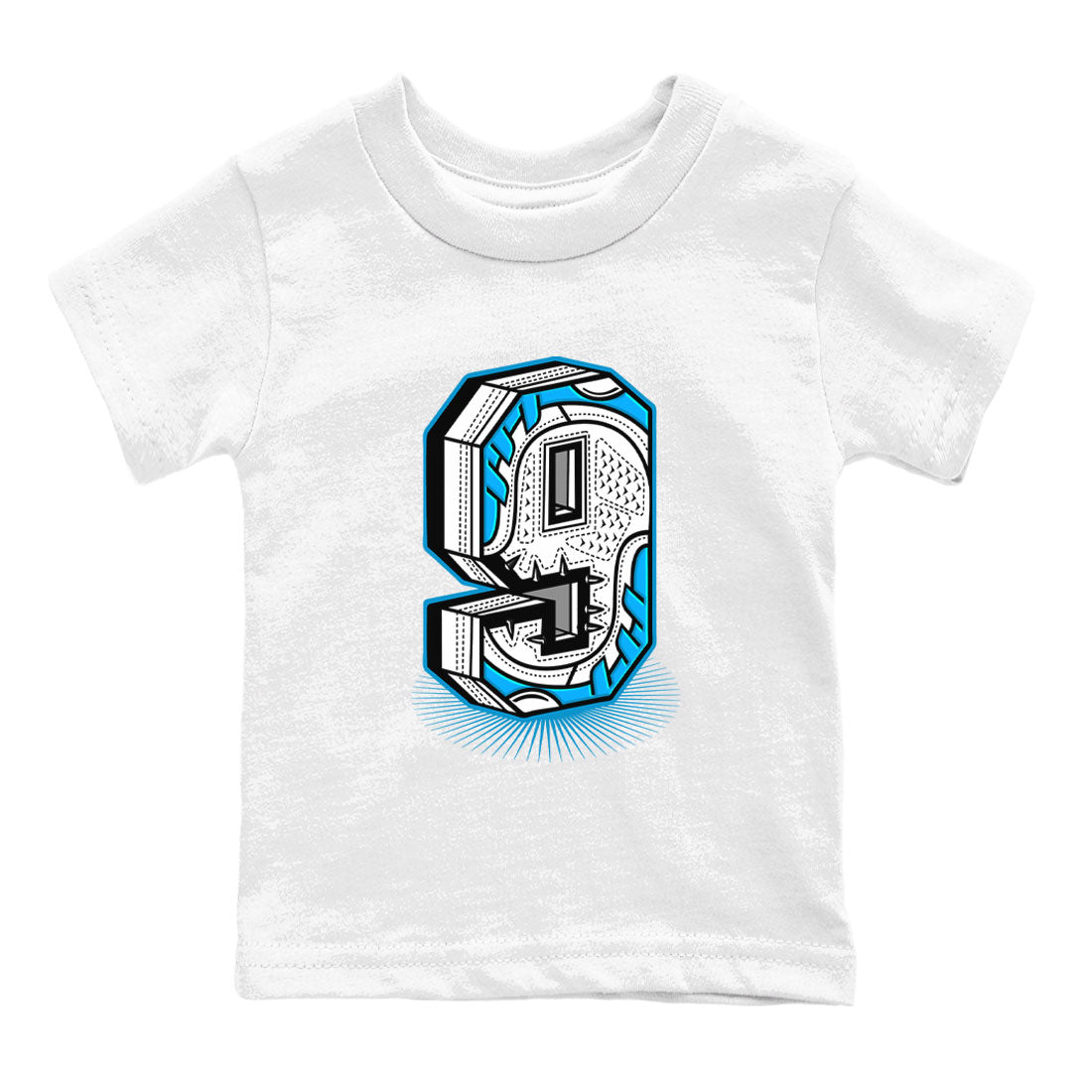 AJ9 Powder Blue shirt to match jordans Number Statue sneaker tees Air Jordan 9 Powder Blue SNRT sneaker release tees baby toddler White 2 cotton Shirt