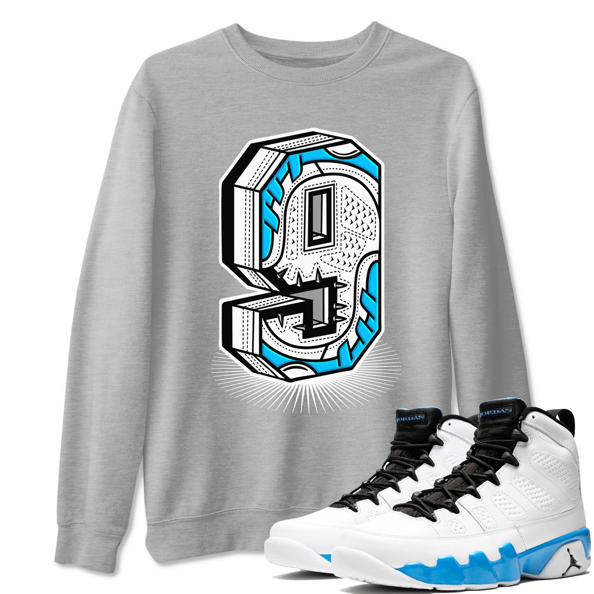 AJ9 Powder Blue shirt to match jordans Number Statue sneaker tees Air Jordan 9 Powder Blue SNRT Sneaker Release Tees unisex cotton Heather Grey 1 crew neck shirt