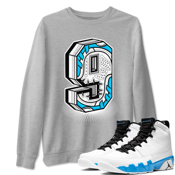 AJ9 Powder Blue shirt to match jordans Number Statue sneaker tees Air Jordan 9 Powder Blue SNRT Sneaker Release Tees unisex cotton Heather Grey 1 crew neck shirt