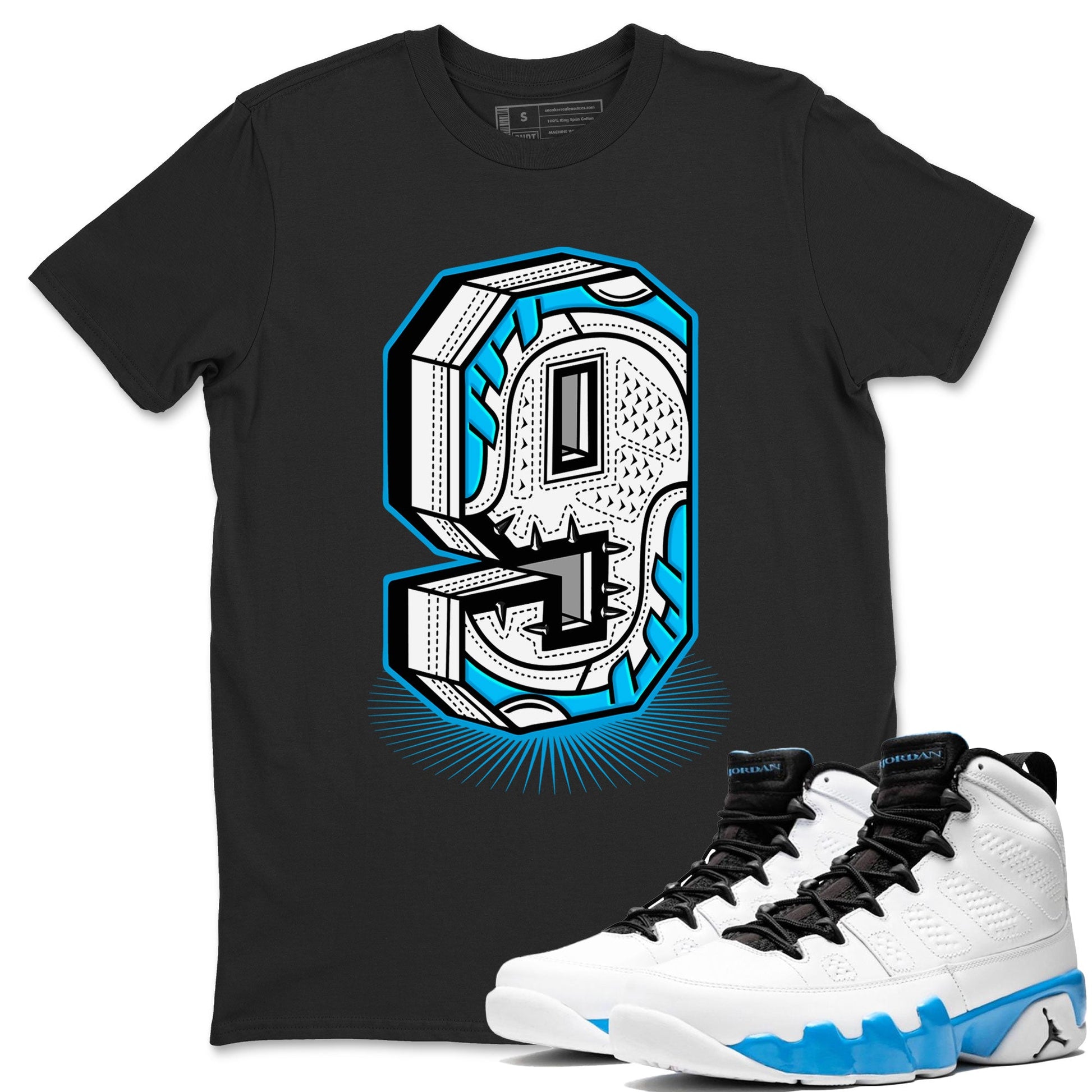 AJ9 Powder Blue shirt to match jordans Number Statue sneaker tees Air Jordan 9 Powder Blue SNRT Sneaker Release Tees unisex cotton Black 1 crew neck shirt