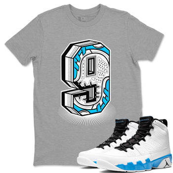AJ9 Powder Blue shirt to match jordans Number Statue sneaker tees Air Jordan 9 Powder Blue SNRT Sneaker Release Tees unisex cotton Heather Grey 1 crew neck shirt