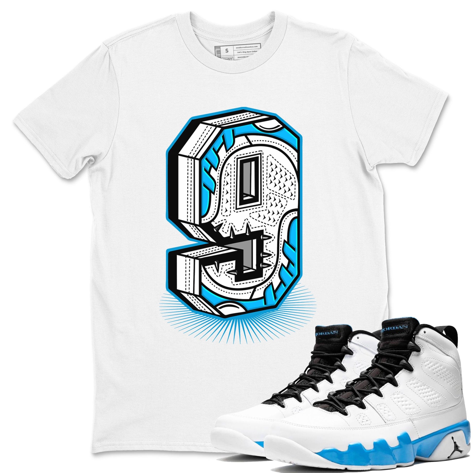 AJ9 Powder Blue shirt to match jordans Number Statue sneaker tees Air Jordan 9 Powder Blue SNRT Sneaker Release Tees unisex cotton White 1 crew neck shirt