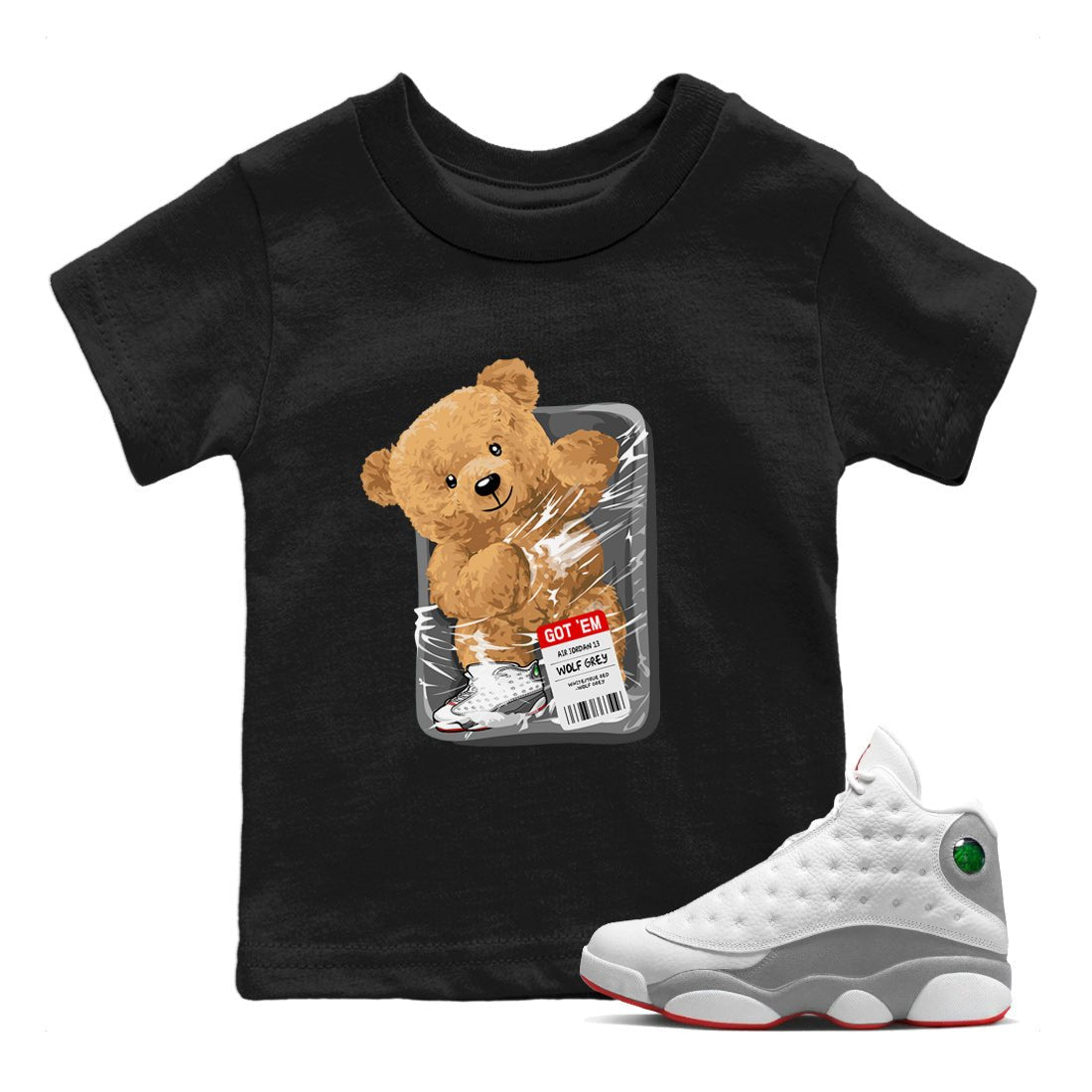 Air Jordan 13 Wolf Grey Sneaker Match Tees Packaged Bear Sneaker Tees Jordan 13 Wolf Grey Sneaker Release Tees Sneaker Matching  Kids Shirts Black 1