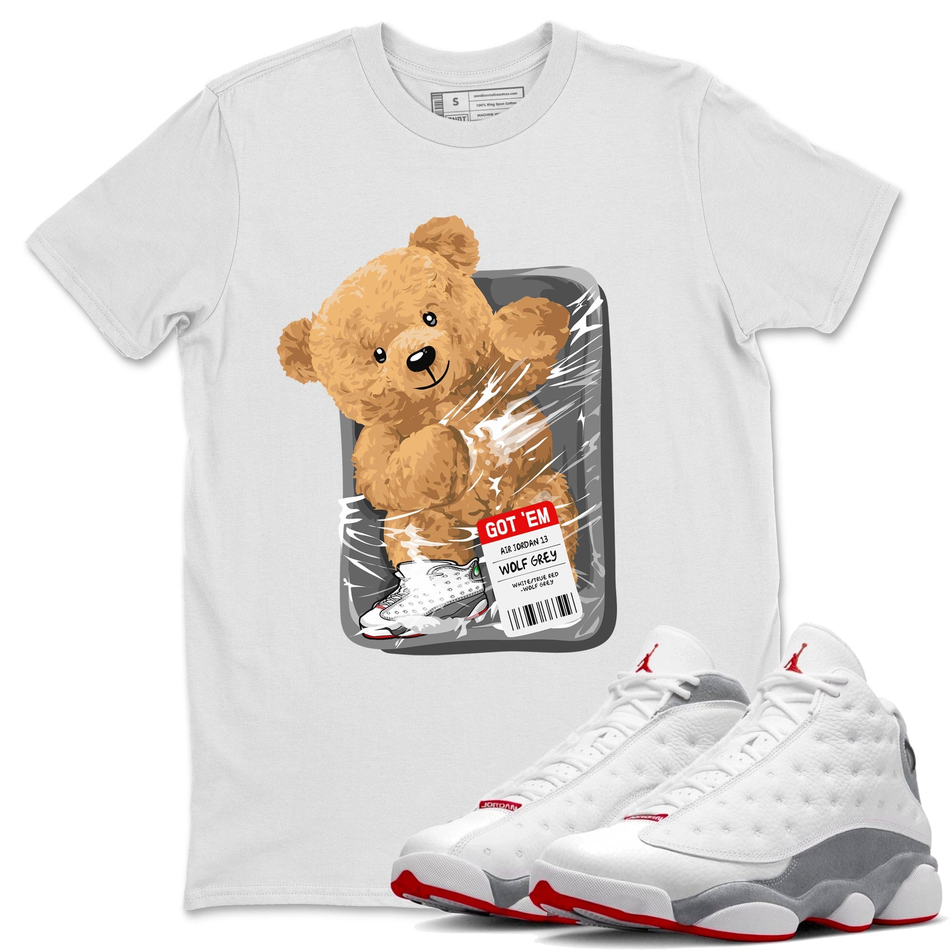 Air Jordan 13 Wolf Grey Sneaker Match Tees Packaged Bear Sneaker Tees Jordan 13 Wolf Grey Sneaker Release Tees Sneaker Matching  Unisex Shirts White 1