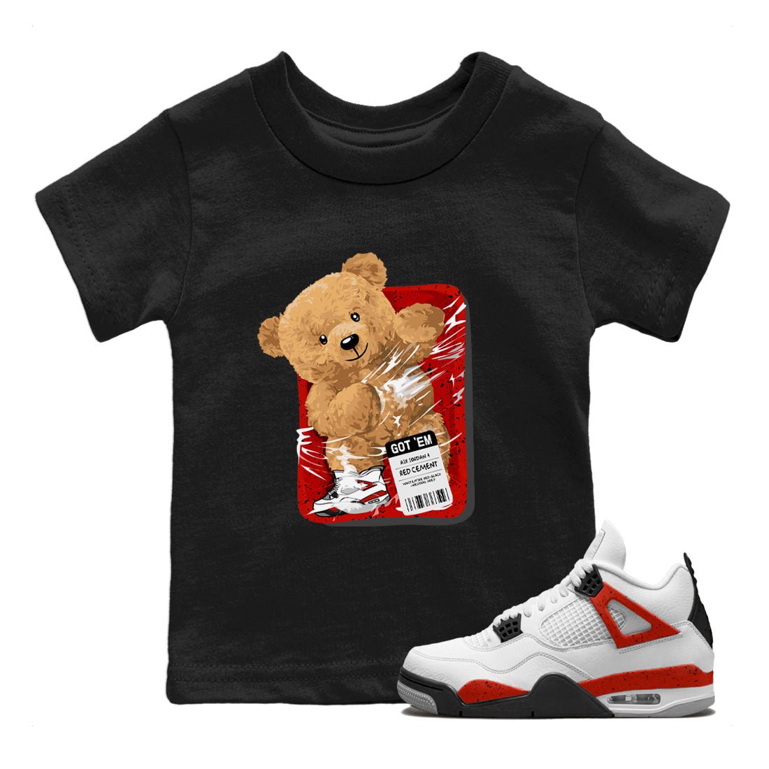 Jordan 4 Red Cement Tees Outfits Packaged Bear Sneaker Tees Air Jordan 4 Red Cement Sneaker Release Tees Kids Shirts Black 1