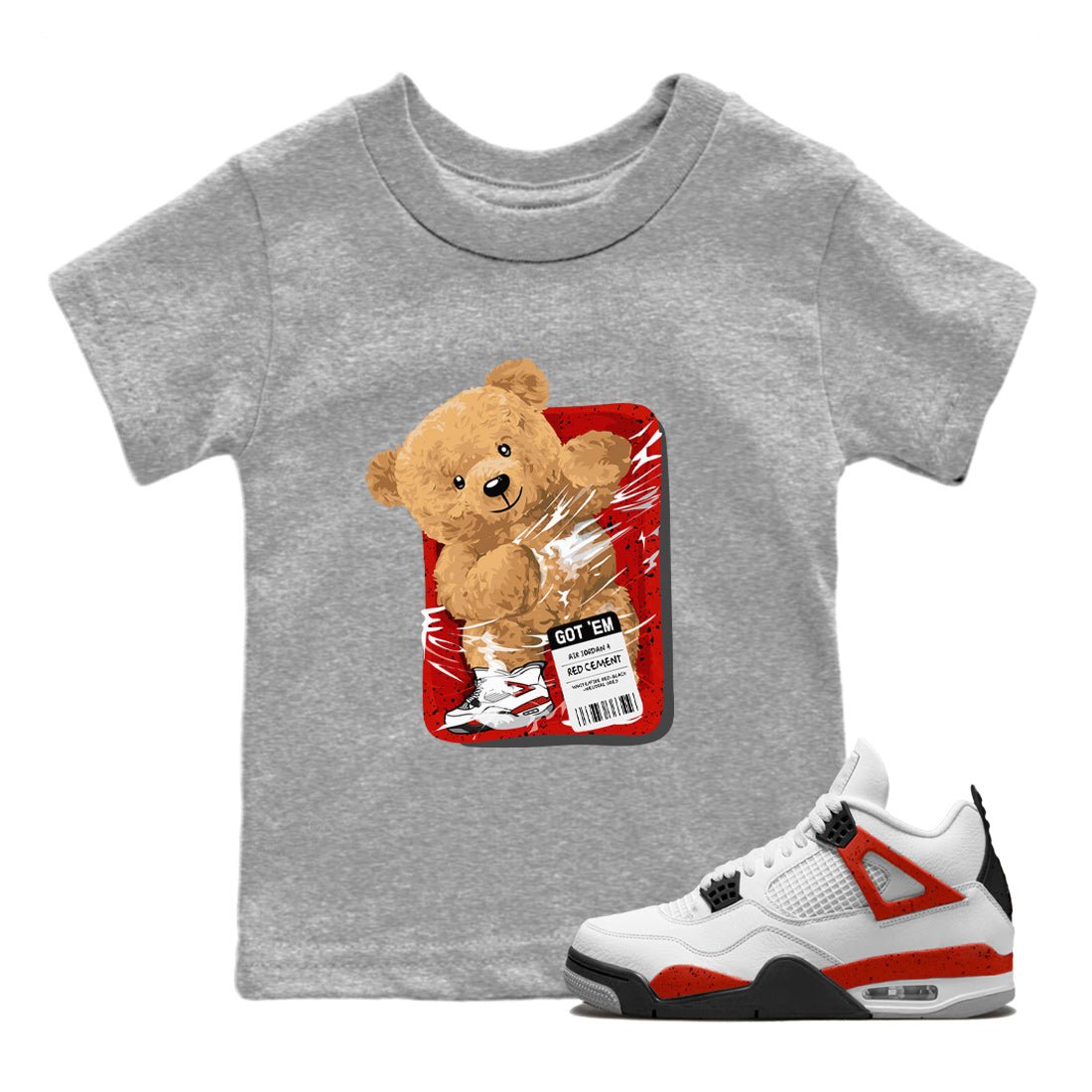 Jordan 4 Red Cement Tees Outfits Packaged Bear Sneaker Tees Air Jordan 4 Red Cement Sneaker Release Tees Kids Shirts Heather Grey 1