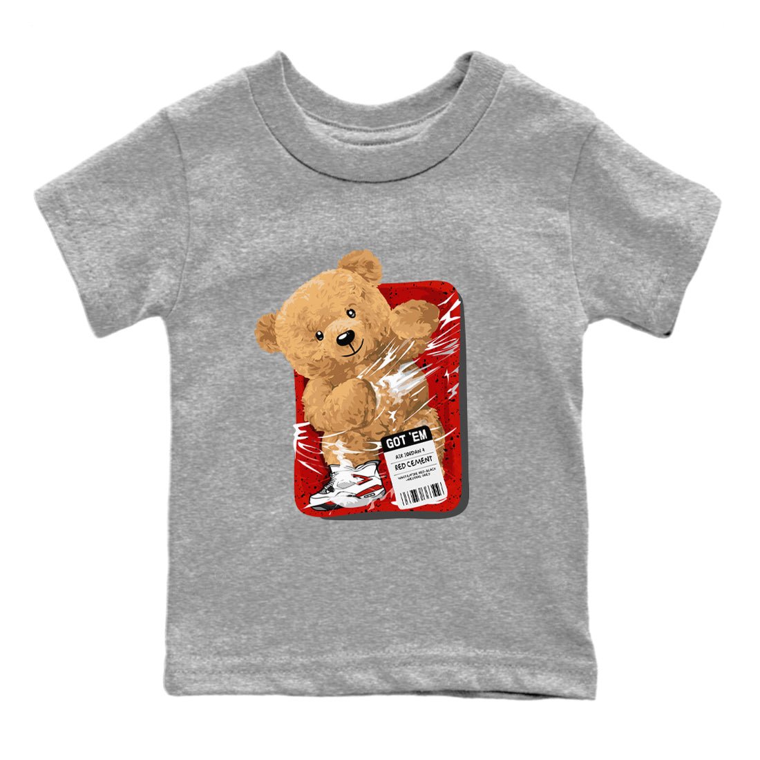 Jordan 4 Red Cement Tees Outfits Packaged Bear Sneaker Tees Air Jordan 4 Red Cement Sneaker Release Tees Kids Shirts Heather Grey 2