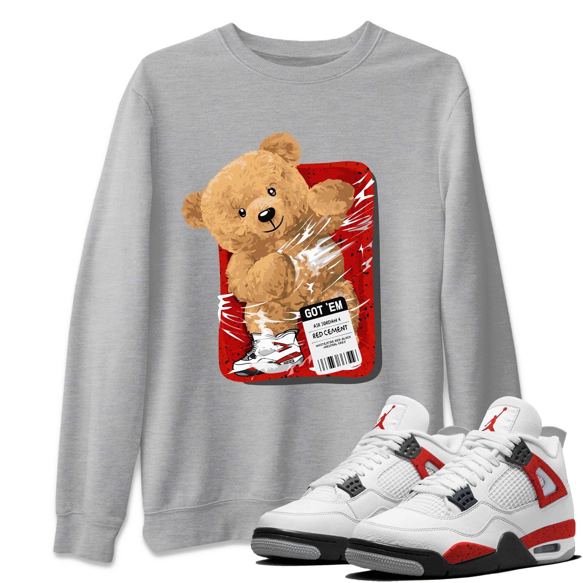 Jordan 4 Red Cement Tees Outfits Packaged Bear Sneaker Tees Air Jordan 4 Red Cement Sneaker Release Tees Unisex Shirts Heather Grey 1