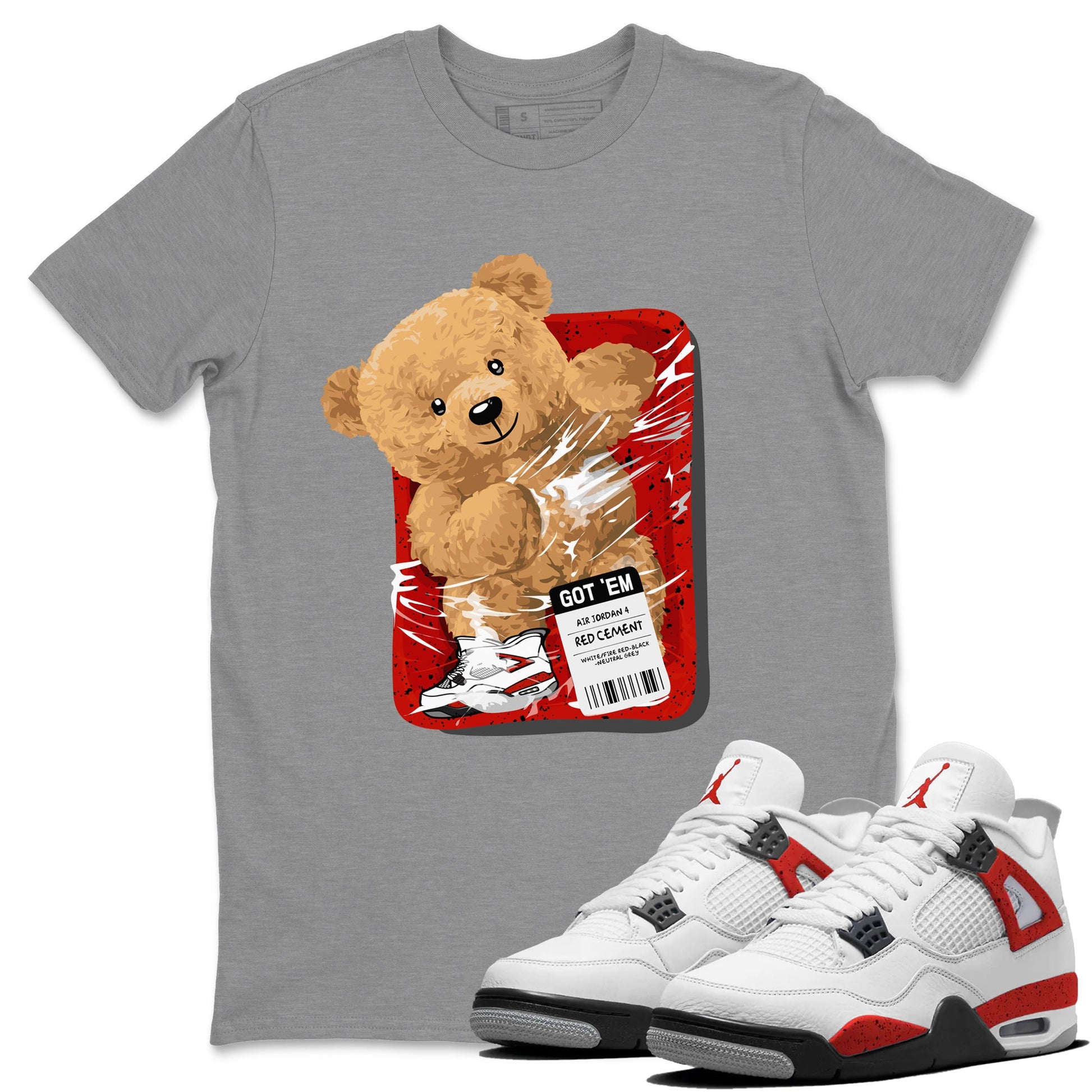 Jordan 4 Red Cement Tees Outfits Packaged Bear Sneaker Tees Air Jordan 4 Red Cement Sneaker Release Tees Unisex Shirts Heather Grey 1