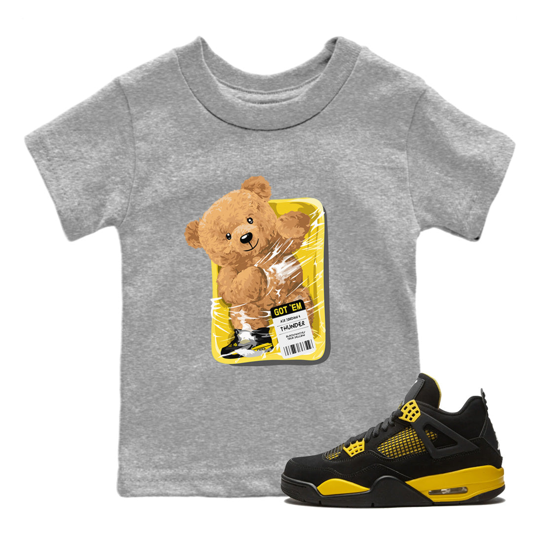 Air Jordan 4 Thunder Sneaker Match Tees Packaged Bear Sneaker Tees Air Jordan 4 Retro Thunder Sneaker Release Tees Kids Shirts Heather Grey 1