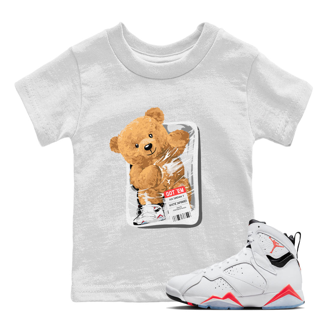 Air Jordan 7 White Infrared Sneaker Match Tees Packaged Bear Sneaker Tees AJ7 White Infrared SNRT Sneaker Release Tees Kids, Youth, Baby Clothing White 1