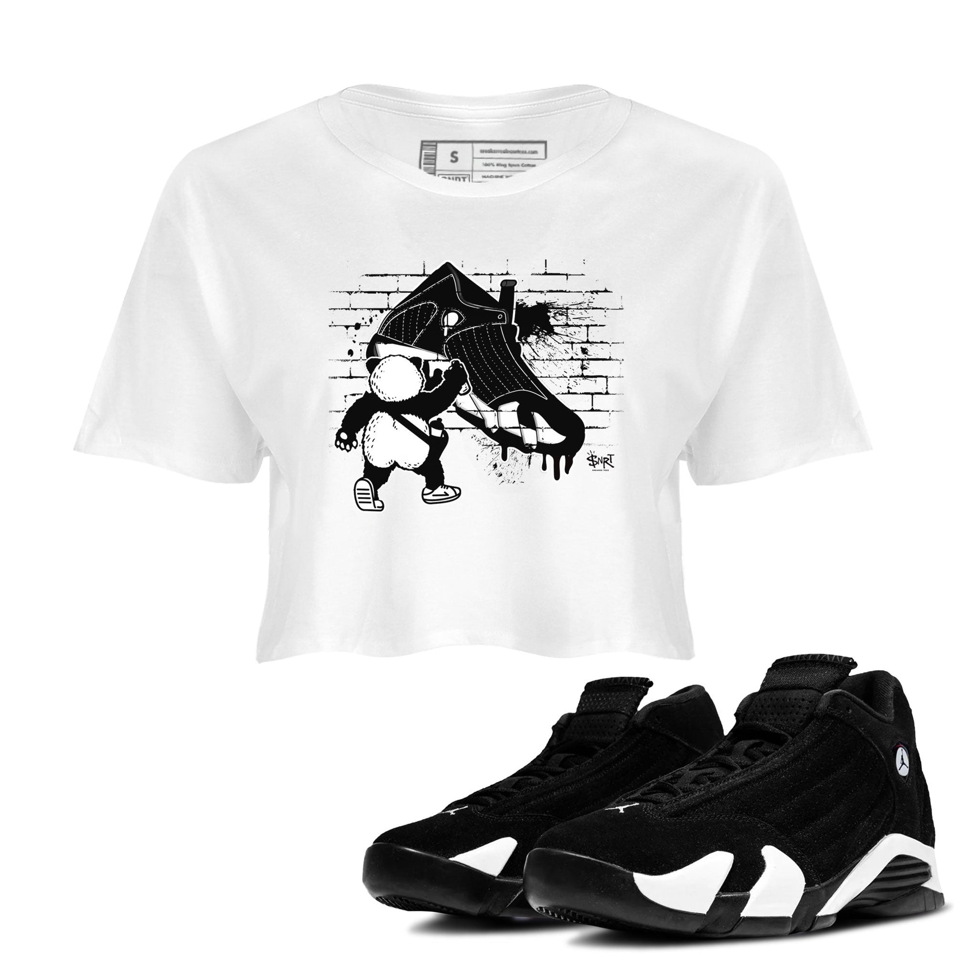 14s Panda shirt to match jordans Panda Artist sneaker tees Air Jordan 14 Panda SNRT Sneaker Release Tees White 1 crop length shirt