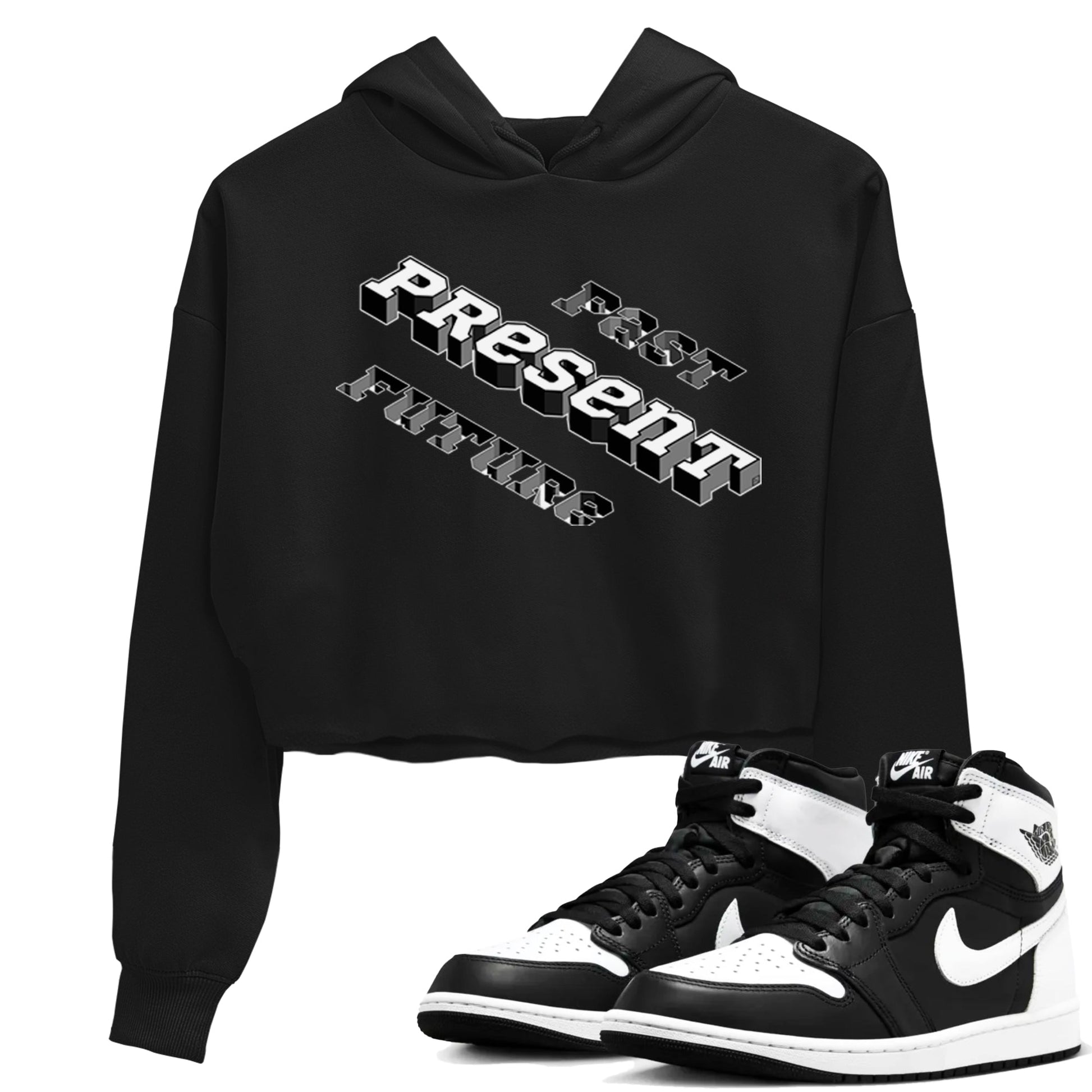 1s Black White shirt to match jordans Past Present Future sneaker tees Air Jordan 1 Black White SNRT Sneaker Release Tees Black 1 crop length shirt