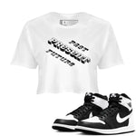 1s Black White shirt to match jordans Past Present Future sneaker tees Air Jordan 1 Black White SNRT Sneaker Release Tees White 1 crop length shirt