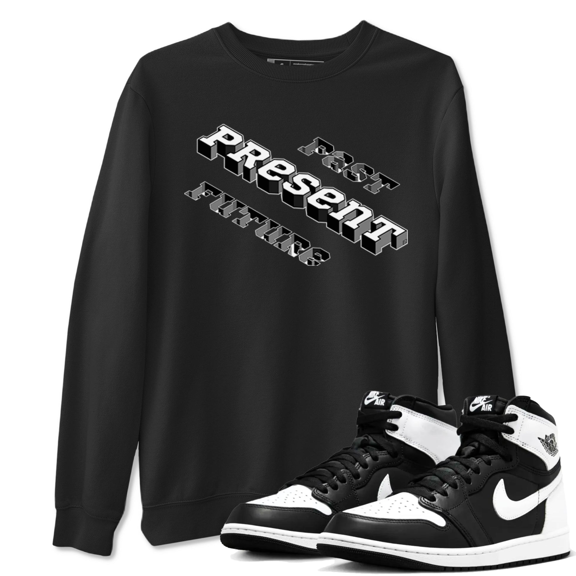 1s Black White shirt to match jordans Past Present Future sneaker tees Air Jordan 1 Black White SNRT Sneaker Release Tees unisex cotton Black 1 crew neck shirt