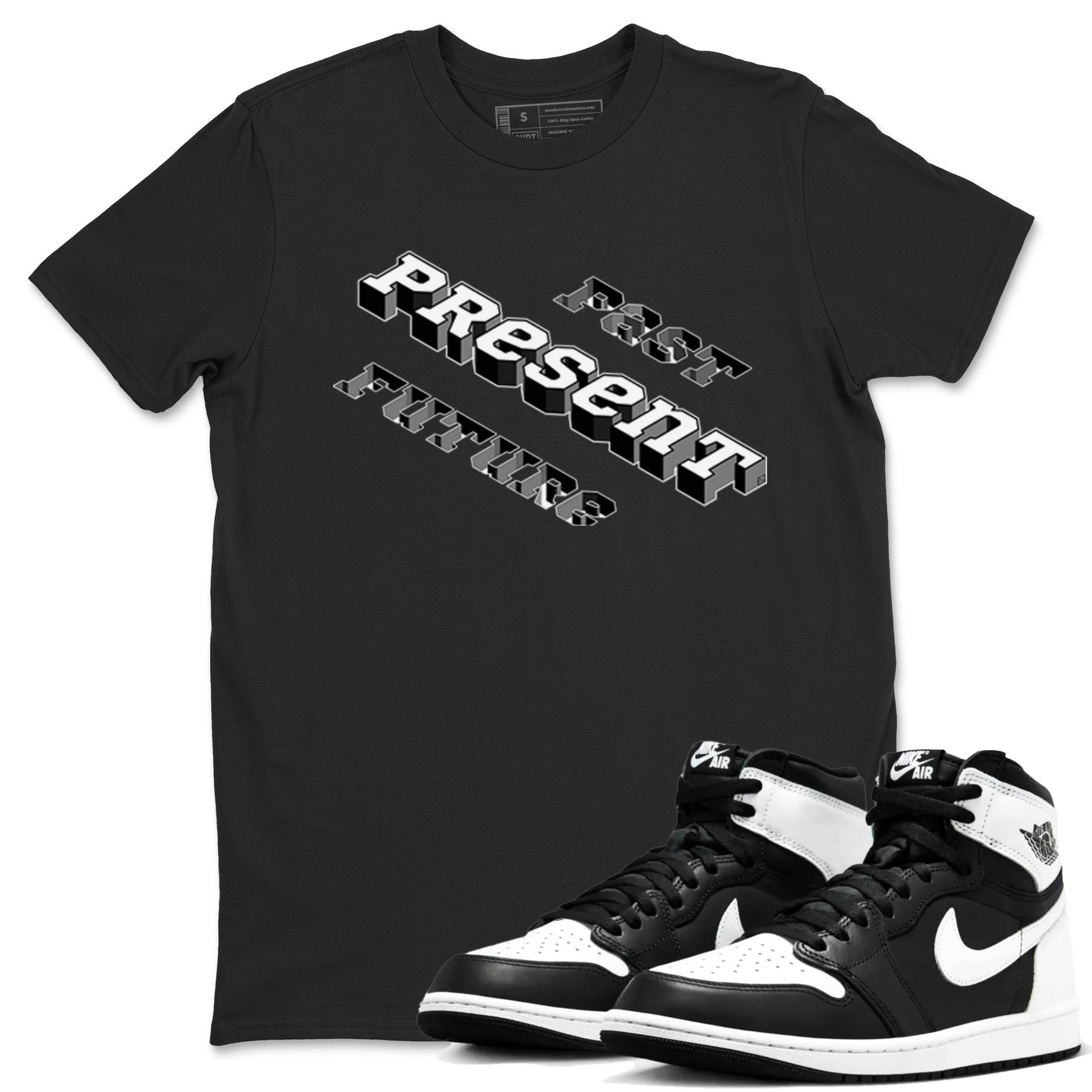 1s Black White shirt to match jordans Past Present Future sneaker tees Air Jordan 1 Black White SNRT Sneaker Release Tees unisex cotton Black 1 crew neck shirt