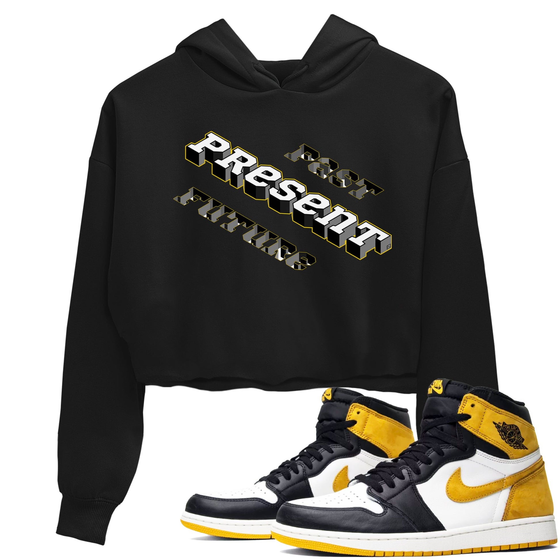 1s Yellow Ochre shirt to match jordans Past Present Future sneaker tees Air Jordan 1 High OG Yellow Ochre SNRT Sneaker Release Tees Black 1 crop length shirt