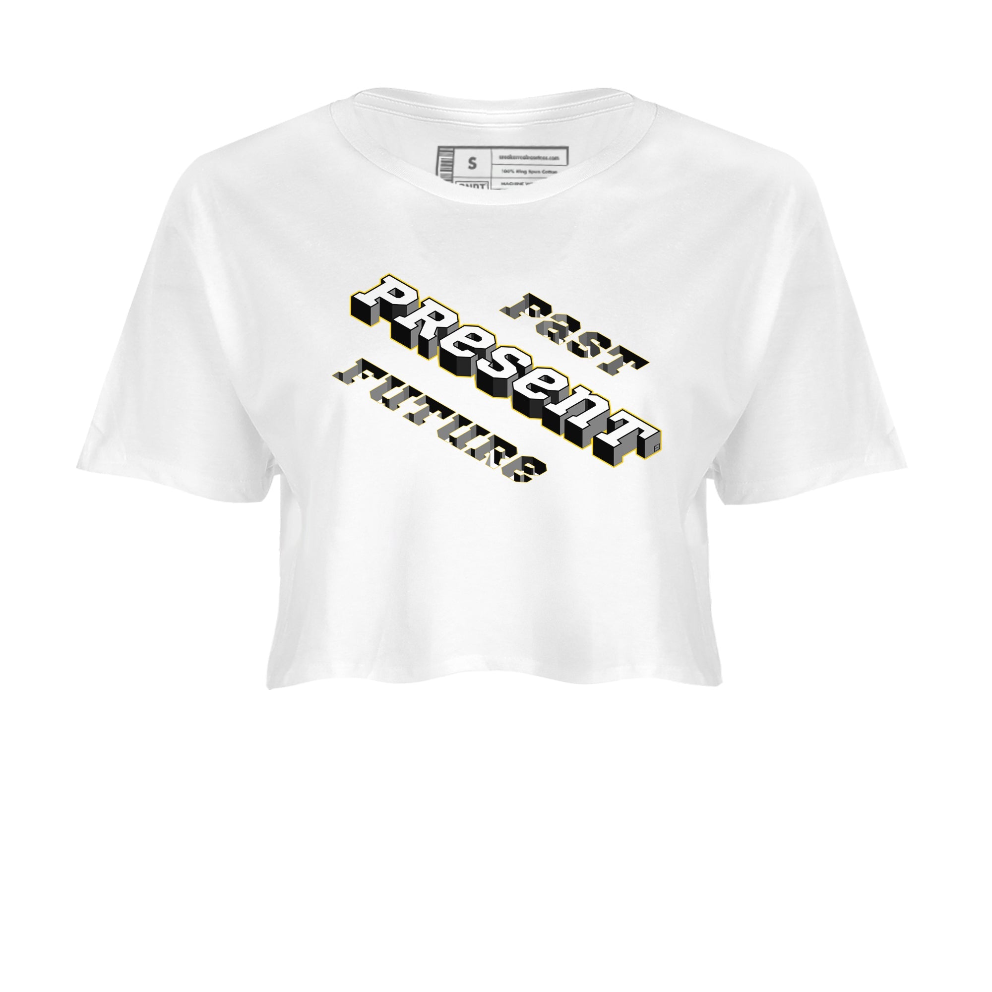 1s Yellow Ochre shirt to match jordans Past Present Future sneaker tees Air Jordan 1 High OG Yellow Ochre SNRT Sneaker Release Tees White 2 crop length shirt