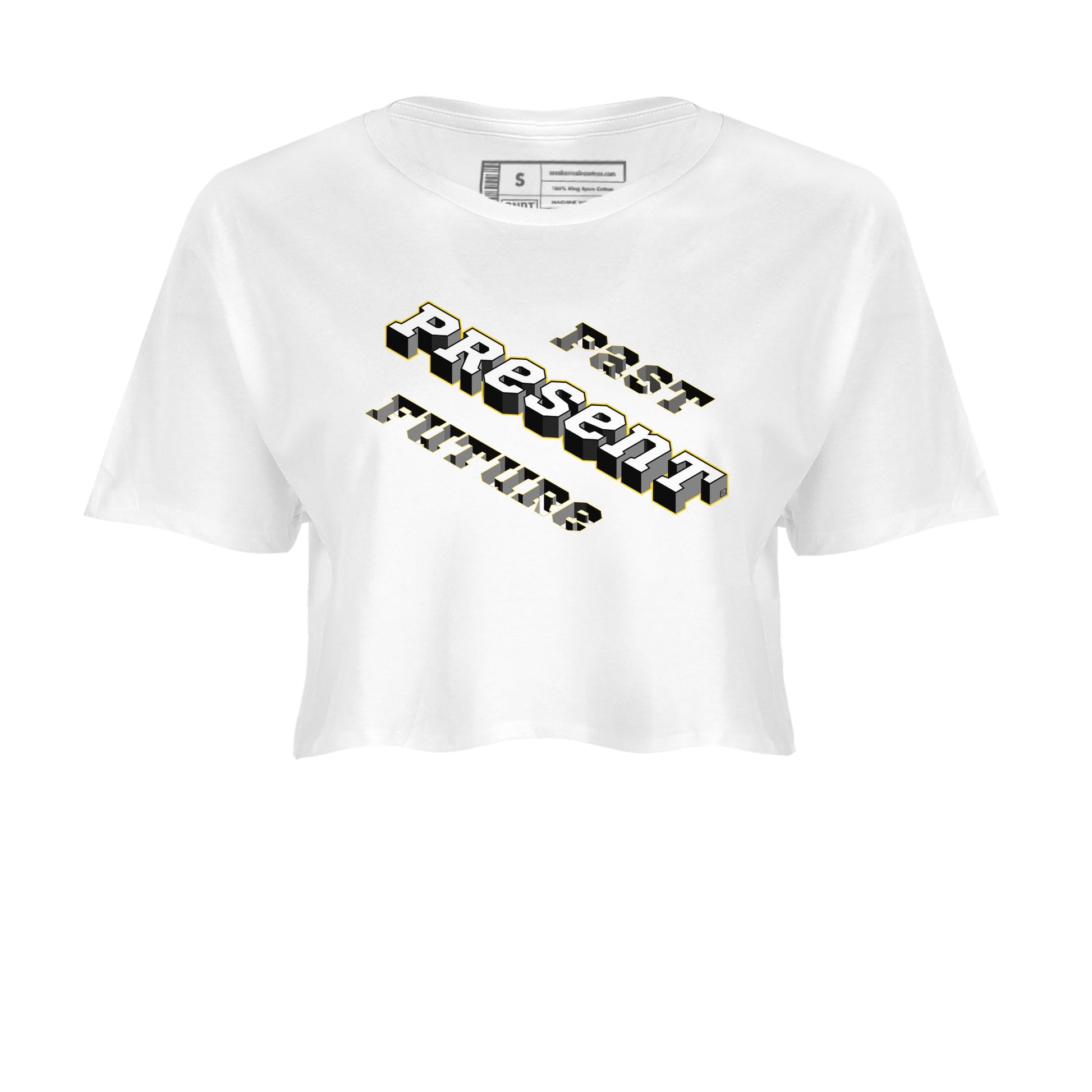 1s Yellow Ochre shirt to match jordans Past Present Future sneaker tees Air Jordan 1 High OG Yellow Ochre SNRT Sneaker Release Tees White 2 crop length shirt